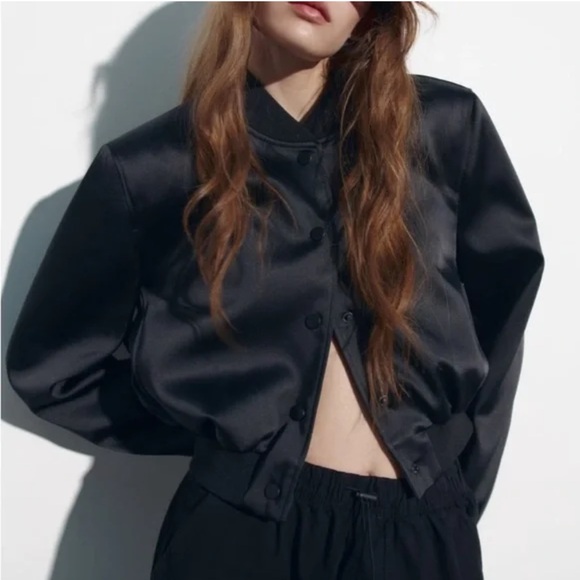 Zara Jackets & Blazers - Zara Shiny Cropped Bomber Jacket Shoulder Pads Size Extra Small